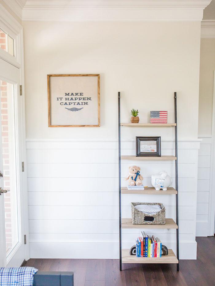 Shiplap and shelving in the new nautical nursery