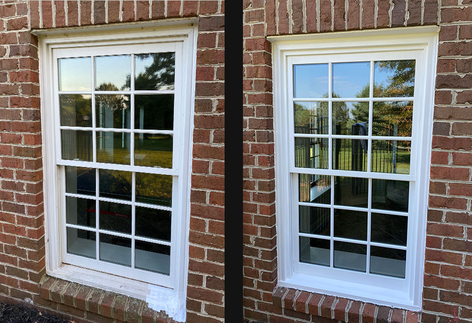 Before picture of the window with rotting wood and an after picture with repairs and fresh paint.