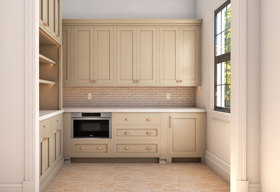 The new pantry design will feature custom cabinetry, quartz, brass hardware, and new applicances