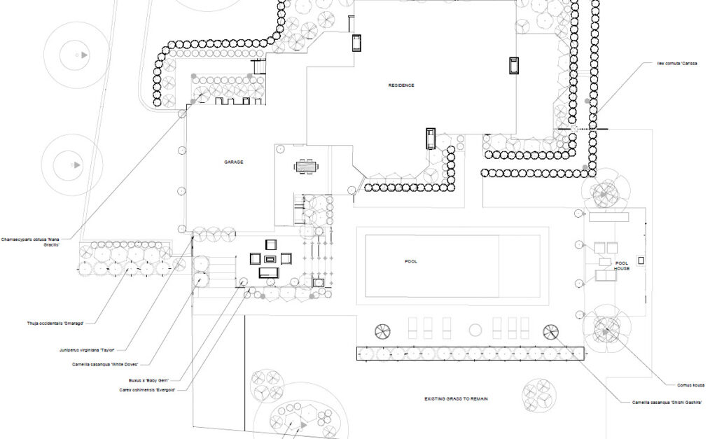 The Yardzen backyard planting diagram for The Arched Manor