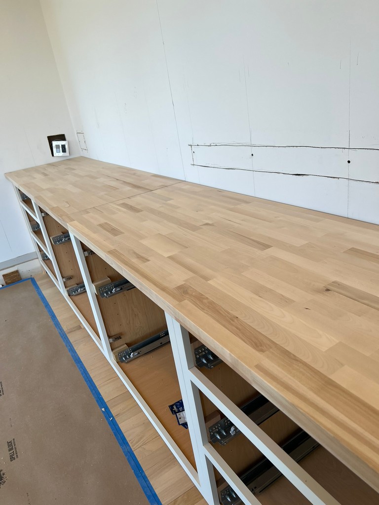 Office Cabinet Built-ins in our home office! Assembling the butcher block counter on the base cabinets.