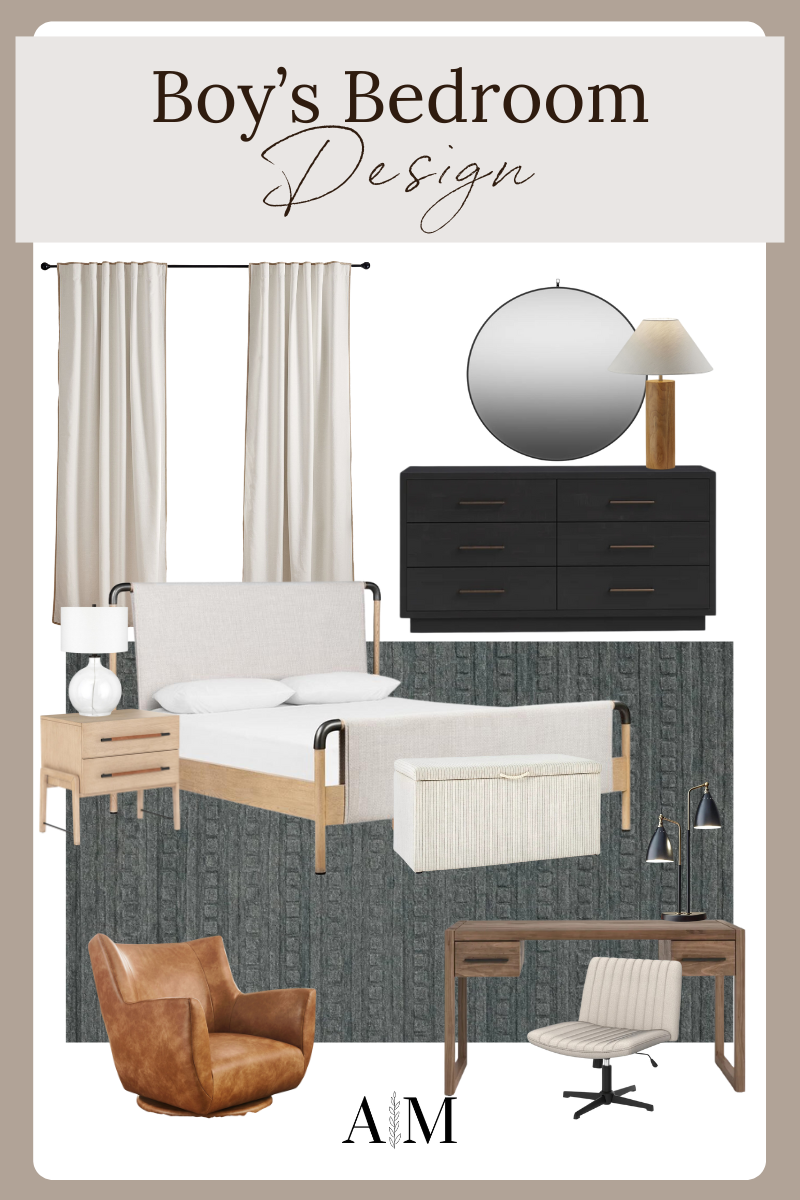 boy's bedroom design, curtains, round mirror, wood table lamp, dresser, bed, nightstand, clear table lamp, leather accent chair, navy area rug, wood desk, black table lamp, desk chair