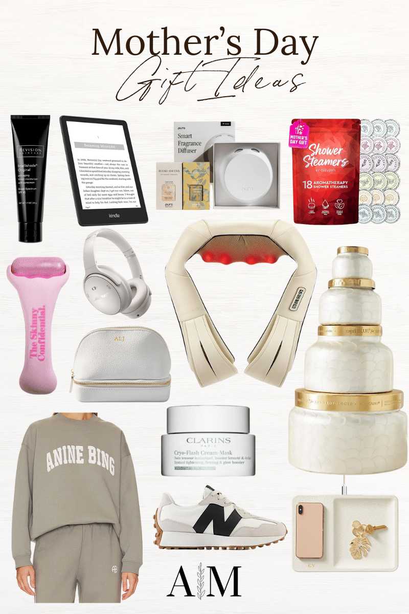 mother's day gift guide | mother's day, mother's day gift, gifts for mom, gift guide, skincare, kindle, shower steam, crewneck, candles, neck messager, new balances, wireless charger, scented, diffuser, bose headphones, ice roller