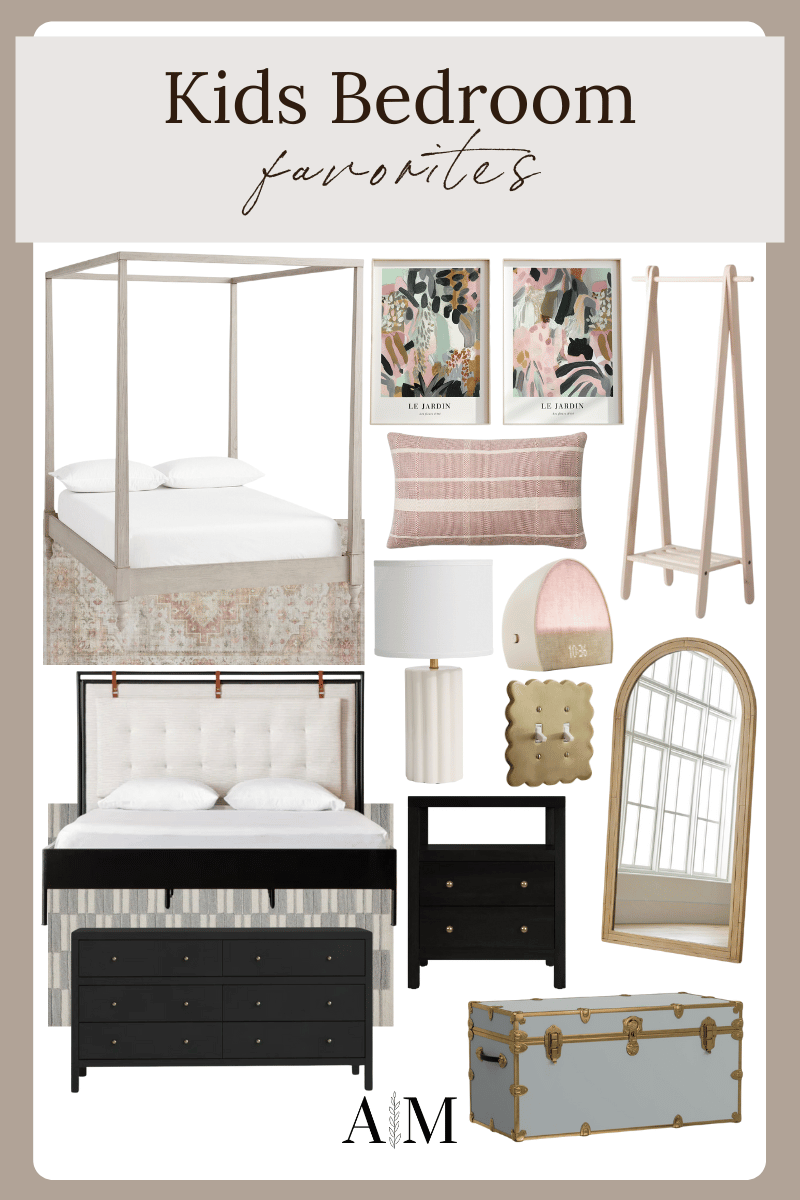 kids bedroom favorites, canopy bed, area rug, wall mart, wood clothing rack, pink throw pillow, sunrise alarm clock, table lamp, gold light switch frame, wall mirror, black nightstand, modern bed, grey area rug, black dresser
