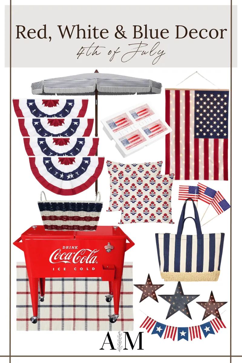 4th of July, red white and blue decor, American bunting flags, patio umbrella, flag ice cube mold, hanging light-up flag, throw pillows, tote bag, woven basket, standing coca-cola cooler, accent rug, hanging star decor, hanging American flag banner