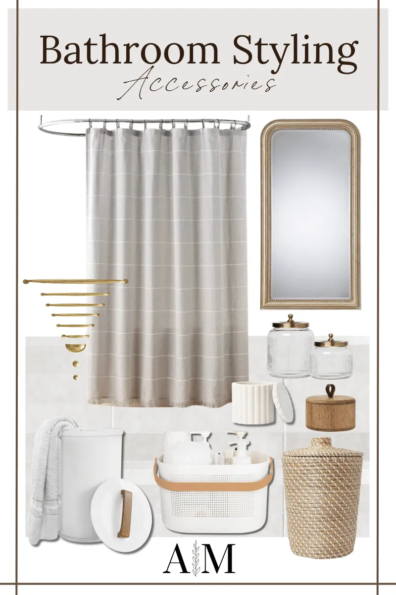 Bathroom styling, accessories, decor, shower curtain, mirror, wastebasket, glass canister, wooden canister, tile, towel warmer