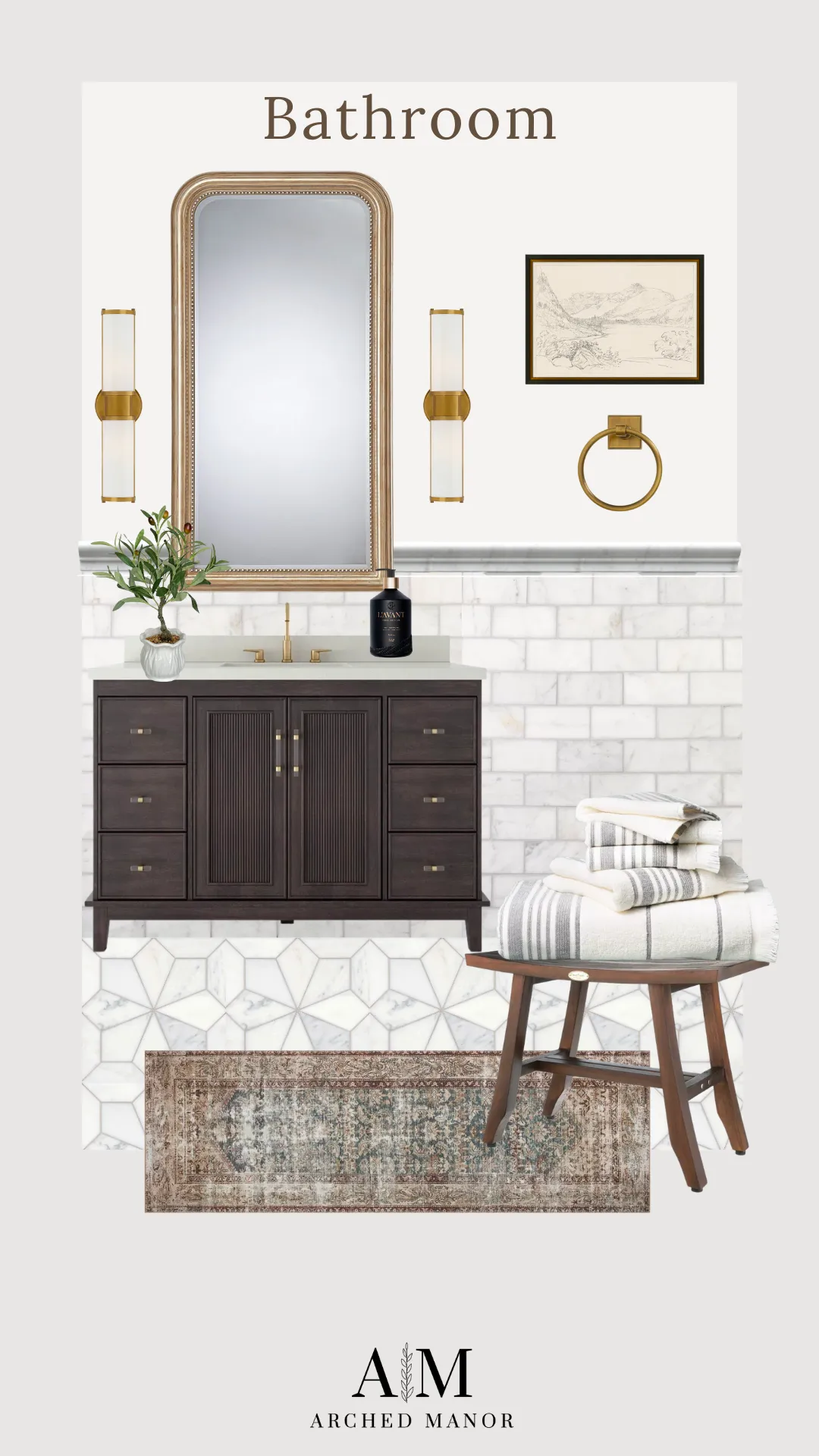 Bathroom Mood board | vanity, tile, mirror, lighting, gold handles