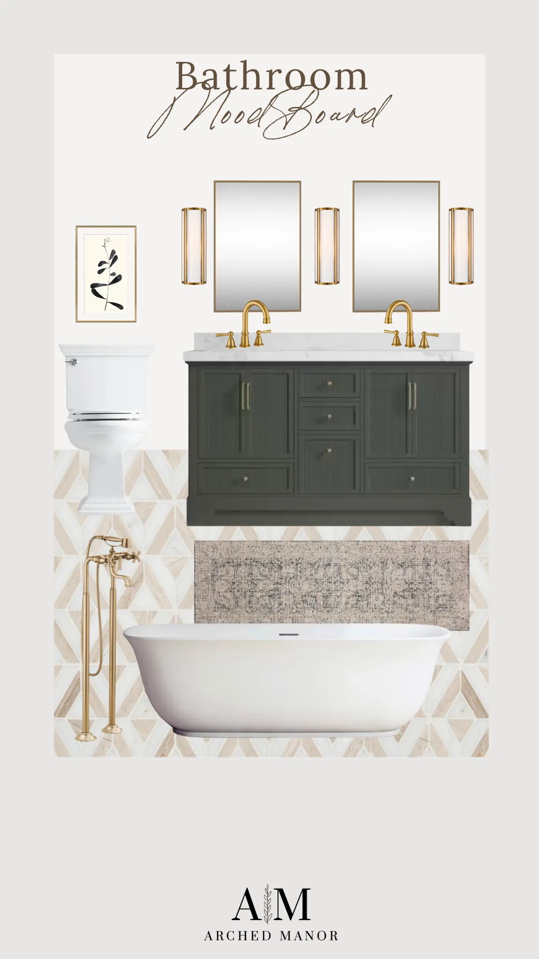 Bathroom Moodboard | bathtub, styling, vanity, mirror, gold accents