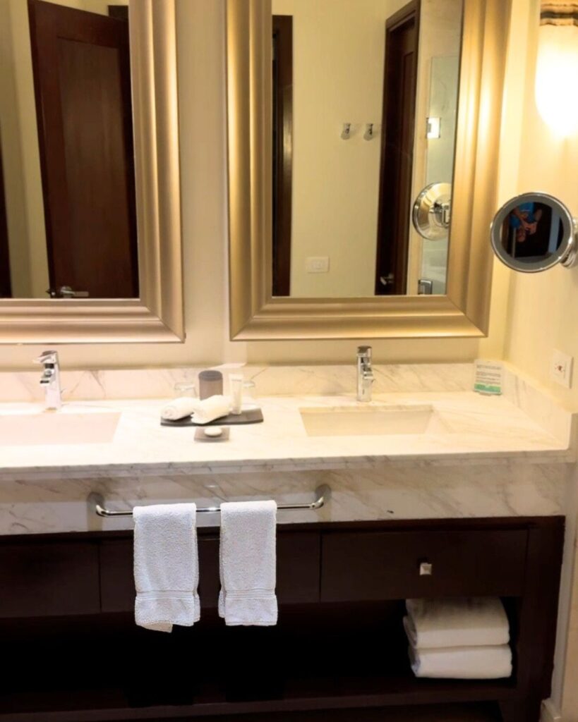 The bathroom was huge and featured a double vanity.