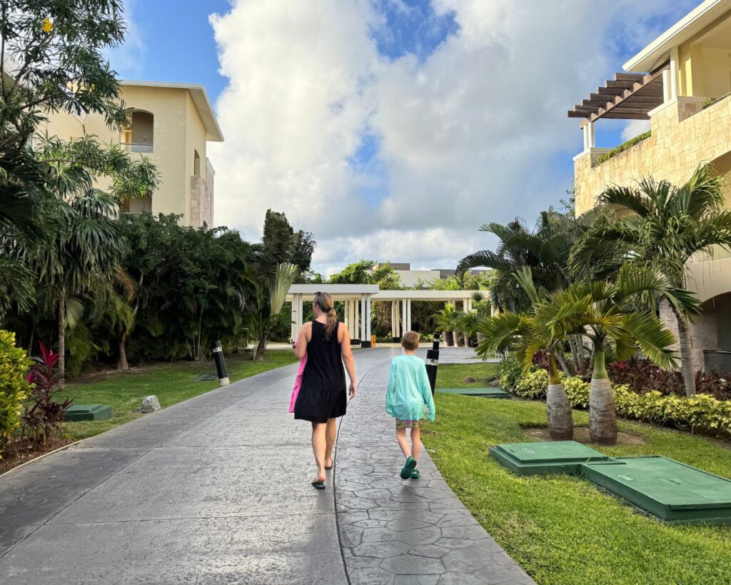 The resort is connected by pathways, and the grounds are manicured and well kept.